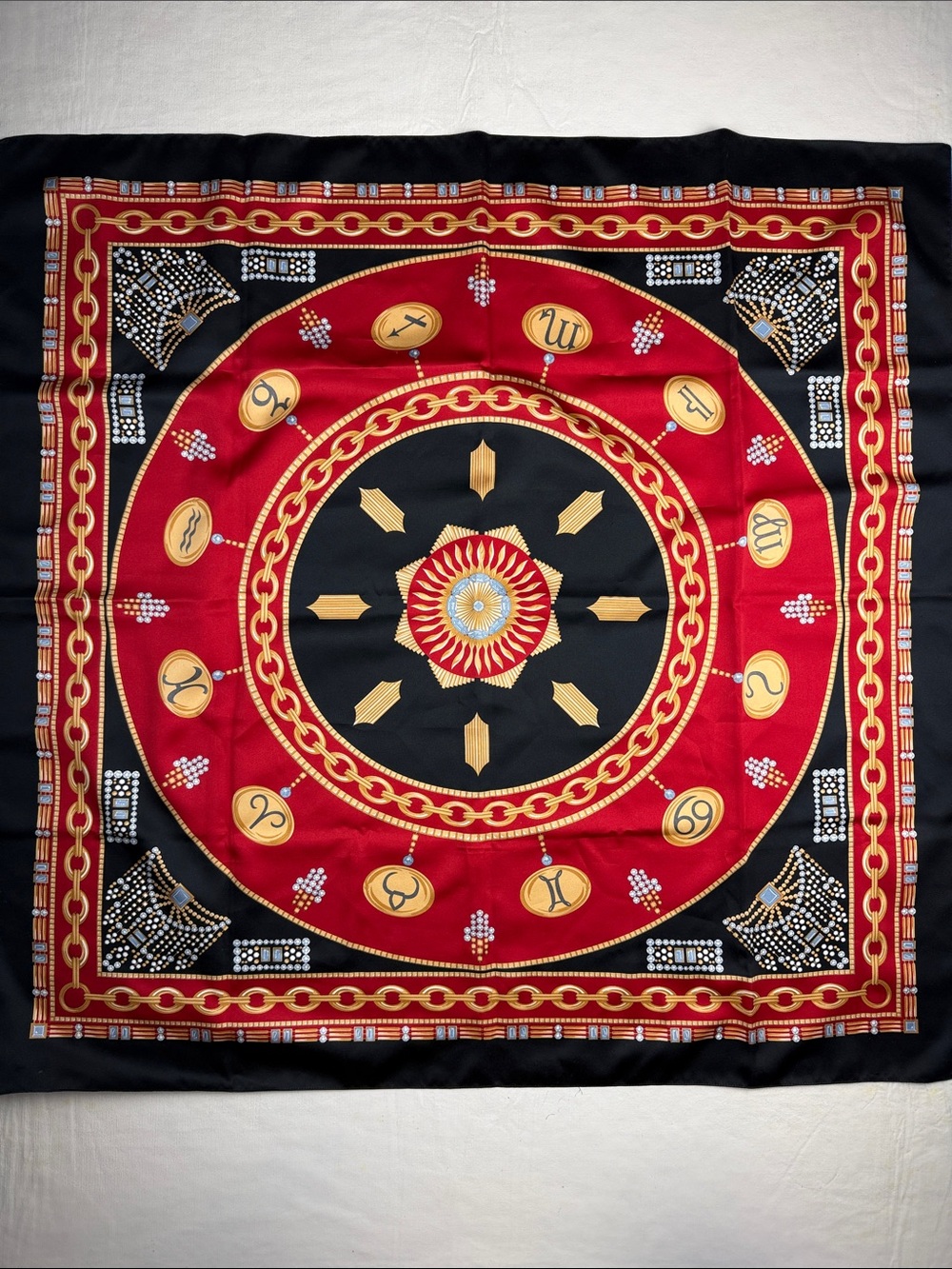 Decorative Red Black Gold Zodiac Symbols Medallion Square Scarf